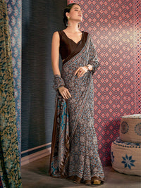 Saree mall Brown & Teal Ajrak Poly Crepe Block Print Sarees