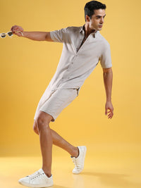 Campus Sutra Beige Self Design Shirt With Shorts