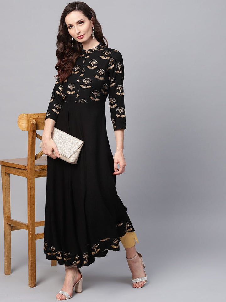 SOJANYA Women Black & Golden Yoke Design A-Line Kurta with Foil Print