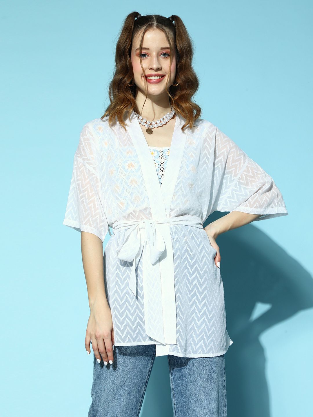 Berrylush Women Classic White Printed Sheer Shrug