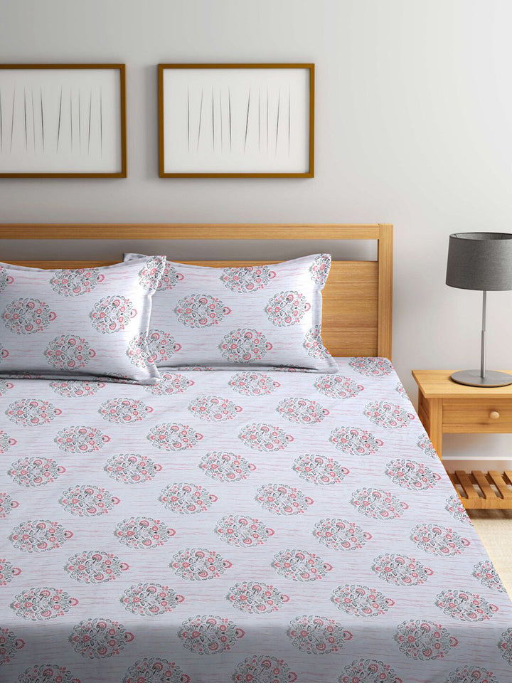 KLOTTHE Grey Floral Fitted 300 TC King Fine Bedsheet with 2 Pillow Covers-270X270 cm