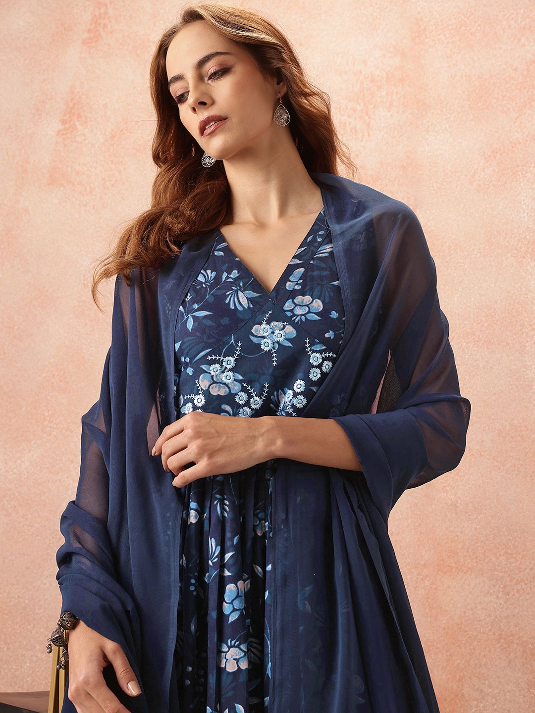 all about you Floral Print Flared Ethnic Dress With Dupatta