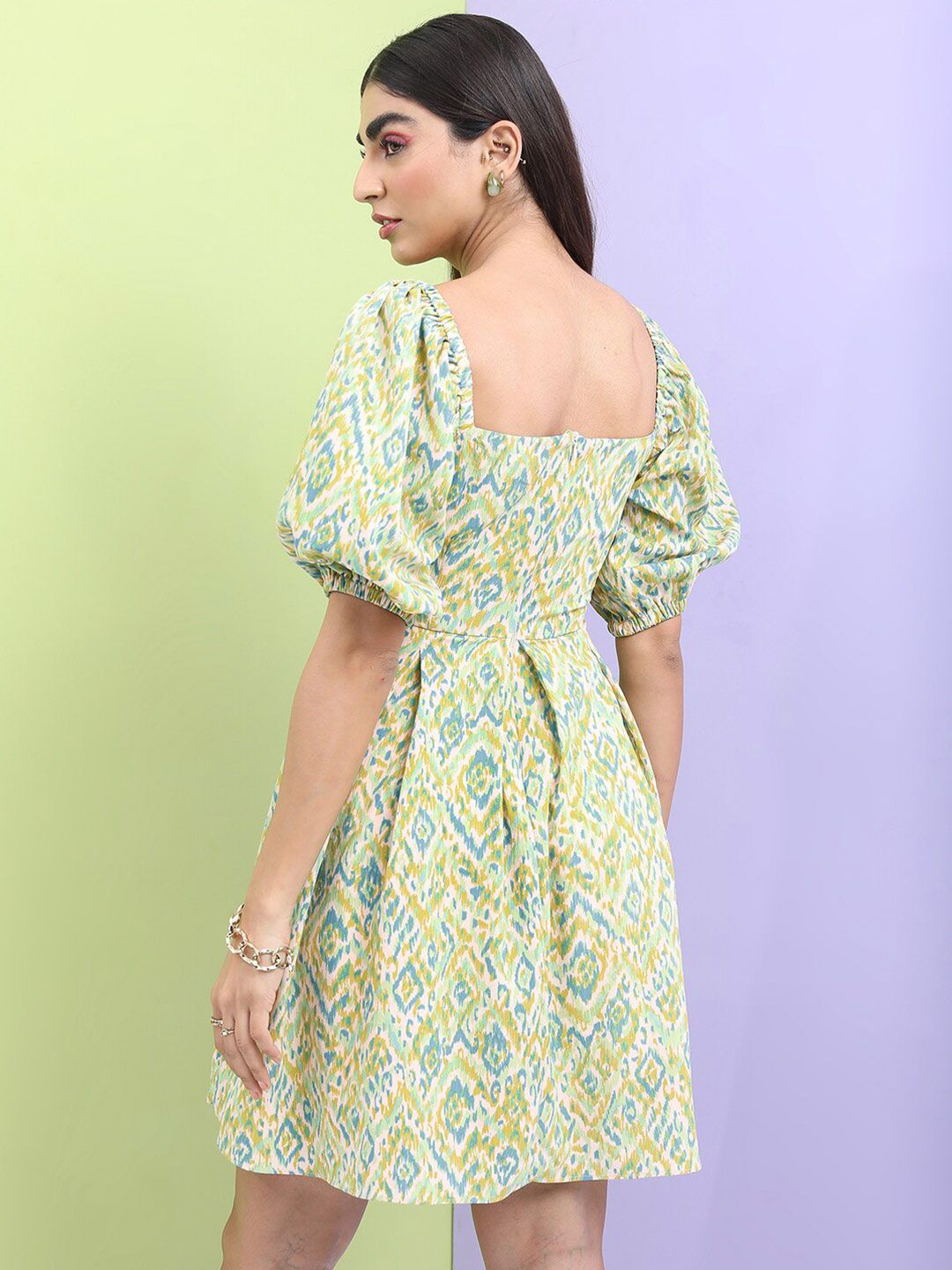 Tokyo Talkies Off White Abstract Printed Puff Sleeves Cut-Out Detailed Fit & Flare Dress