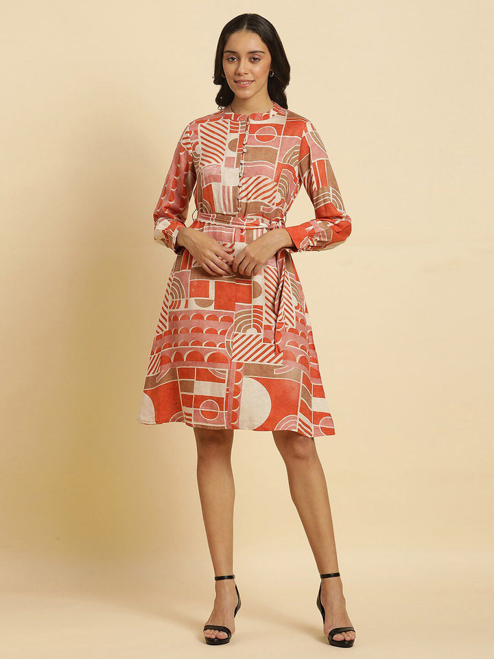 W Geometric Printed Mandarin Collar Cuffed Sleeves A-Line Dress
