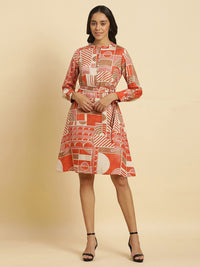 W Geometric Printed Mandarin Collar Cuffed Sleeves A-Line Dress