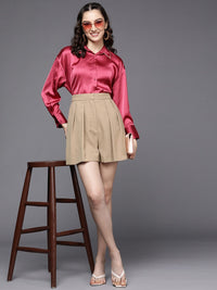 SASSAFRAS Women Pink Comfort Fit Satin Longline Party Shirt