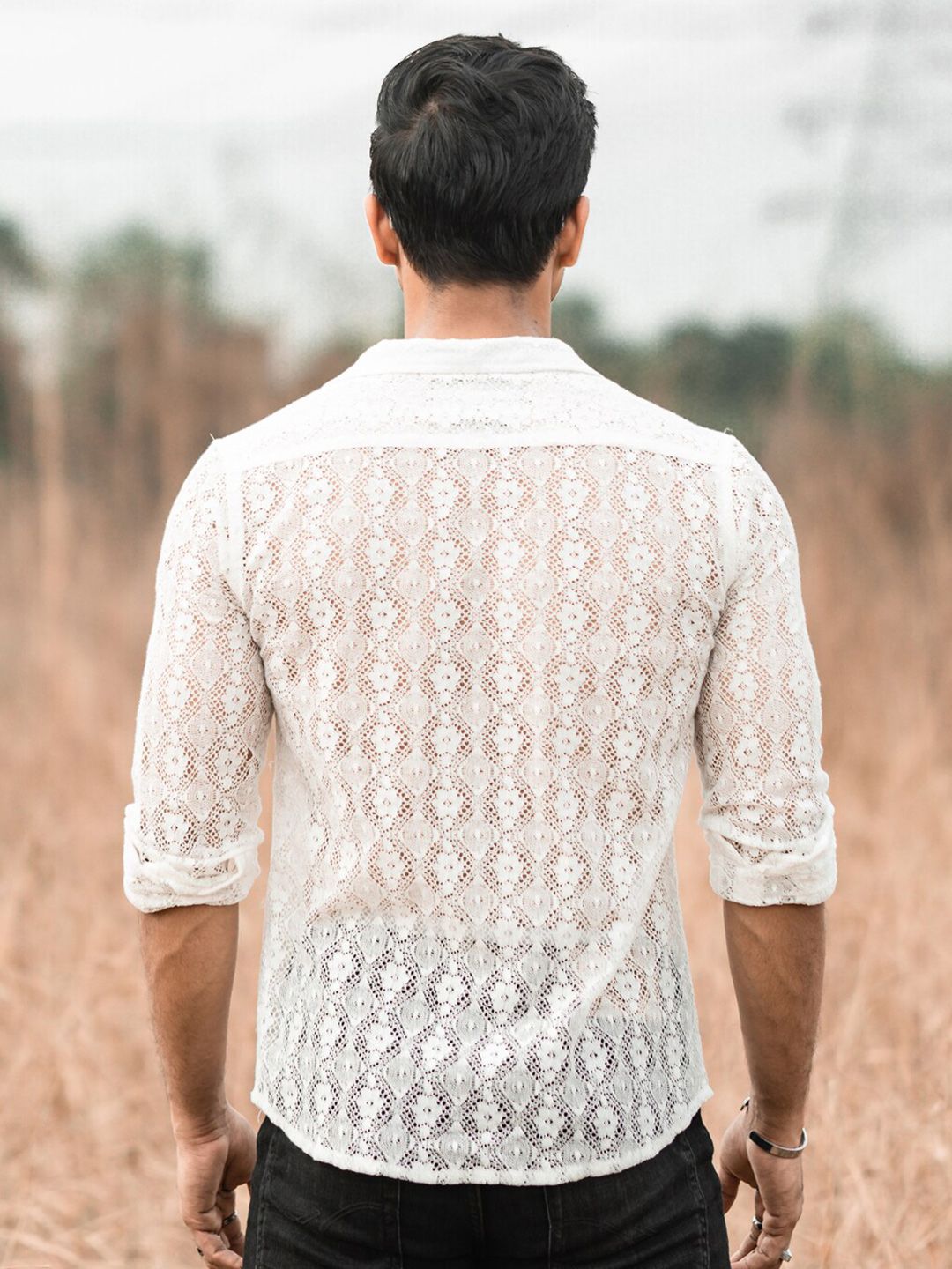 Powerlook White Textured Self Design India Slim Pure Cotton Sheer Crochet Shirt