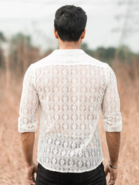 Powerlook White Textured Self Design India Slim Pure Cotton Sheer Crochet Shirt