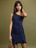 Tokyo Talkies Blue Ribbed One Shoulder Ruched Bodycon Dress