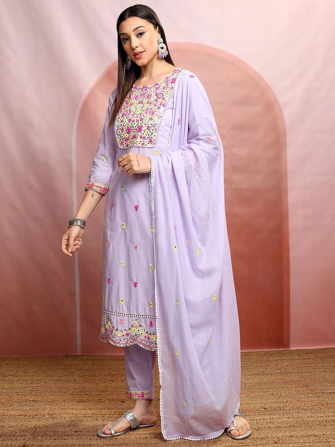 Vishudh Lavender Round Neck Embroidered Regular Thread Work Pure Cotton Straight Kurta Set