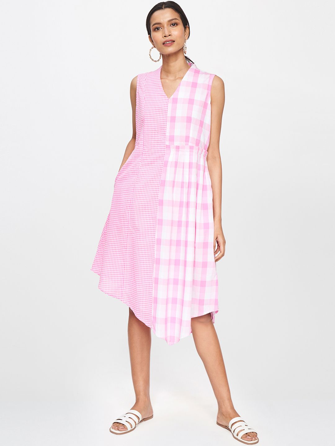 AND Women Pink & White Checked Fit and Flare Asymmetric Dress With gathered Pleated Detail