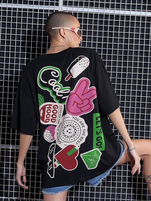 SASSAFRAS Black Graphic Printed Drop-Shoulder Oversized Pure Cotton T-shirt