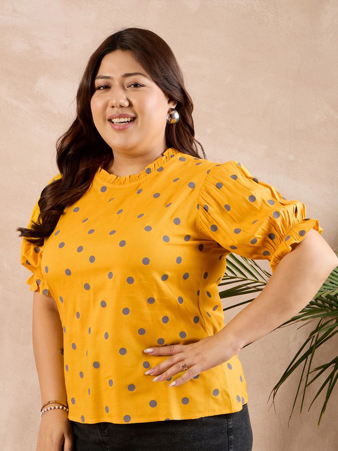 Berrylush Curve Polka Dots Printed Cotton Plus Size Top