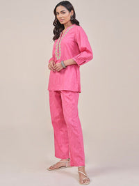 Global Desi Abstract Printed Thread Work Mandarin Collar Pure Cotton Top With Trouser