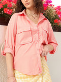 DressBerry Everyday Utility Roll-Up Sleeves Fringed Placket Pockets Shirt
