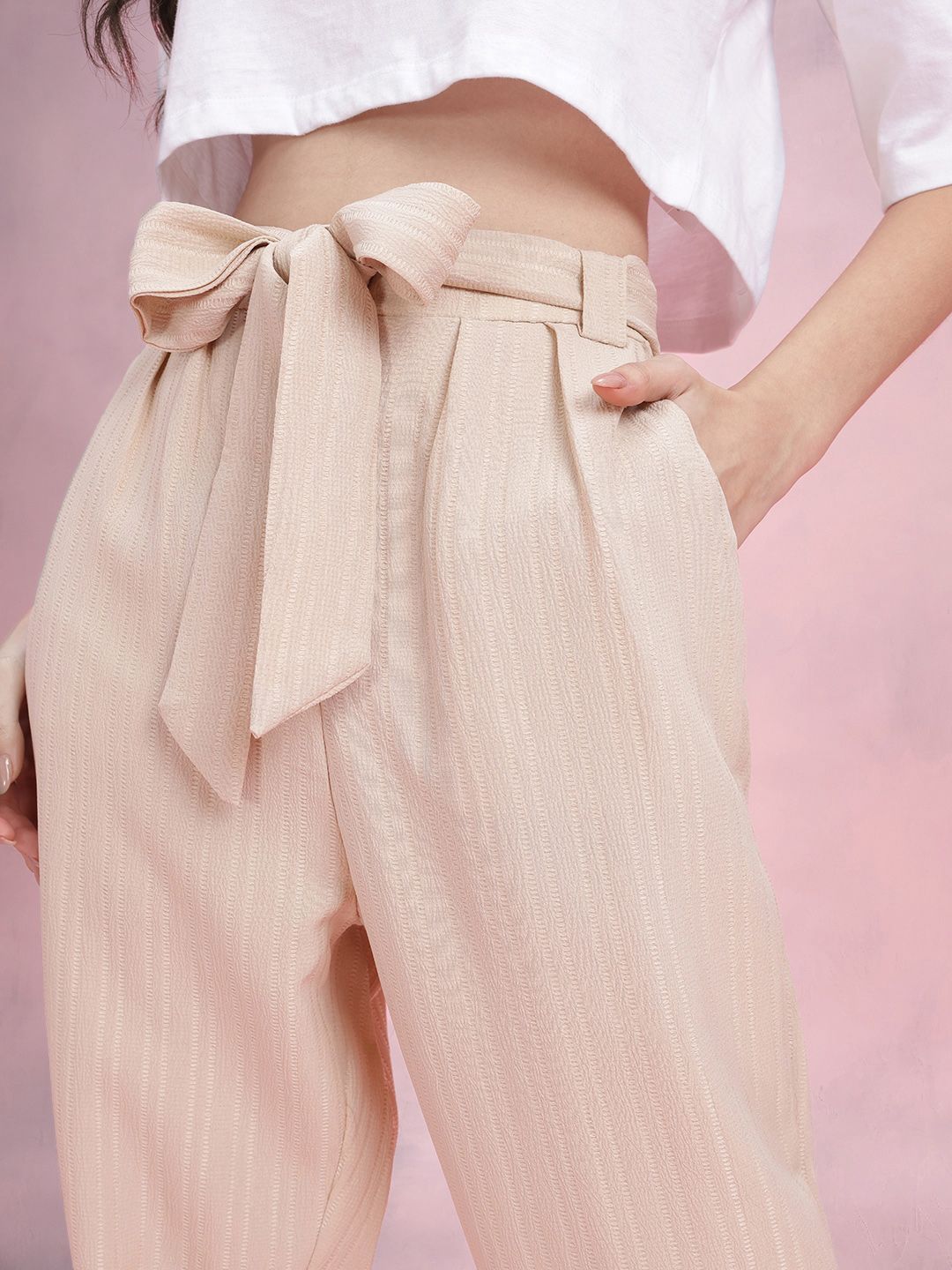 DressBerry Women Self Striped Belted Trousers