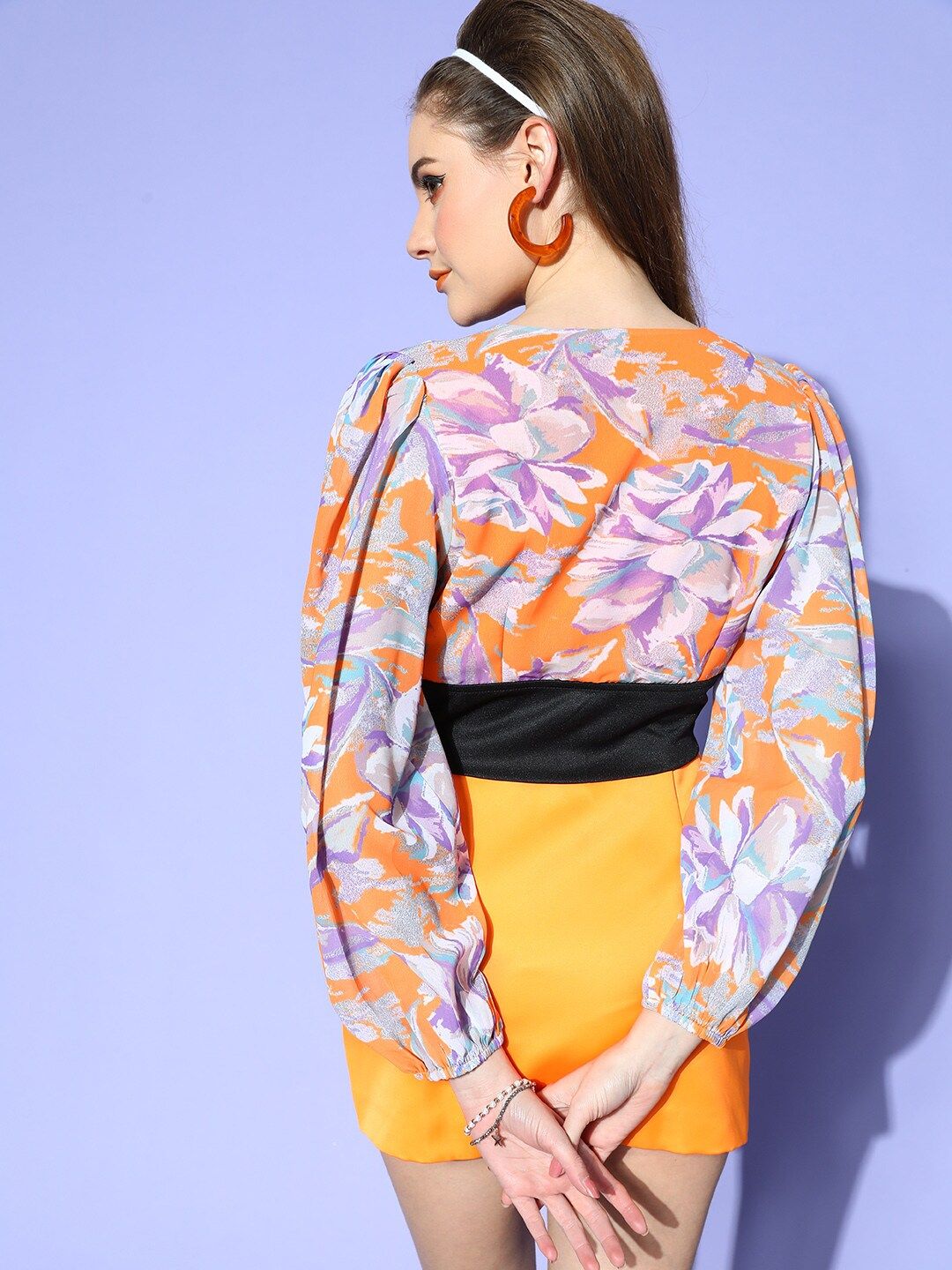 SASSAFRAS Orange & Purple Floral Print Georgette Crop Top