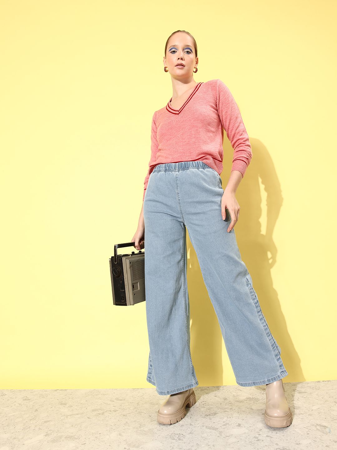 DressBerry Women Sky Blue We May Party Wide Leg Light Fade Stretchable Jeans