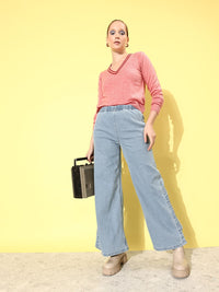 DressBerry Women Sky Blue We May Party Wide Leg Light Fade Stretchable Jeans