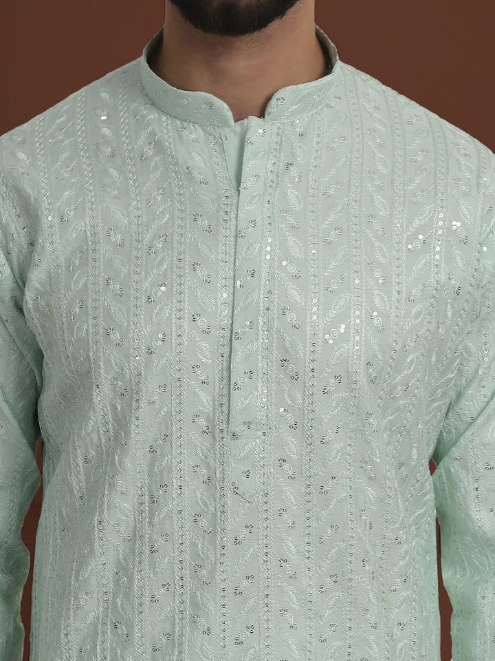 SOJANYA LUXE Lelaki Motif Etnik Sulam Kolar Mandarin Kurta Lurus Dengan Pijama