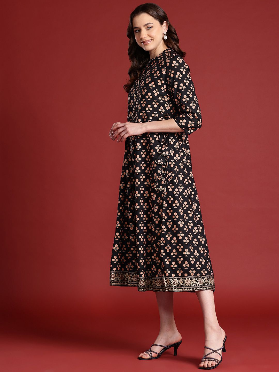Anouk Tie-Up Tassels Detail Foil Print A-Line Midi Ethnic Dress