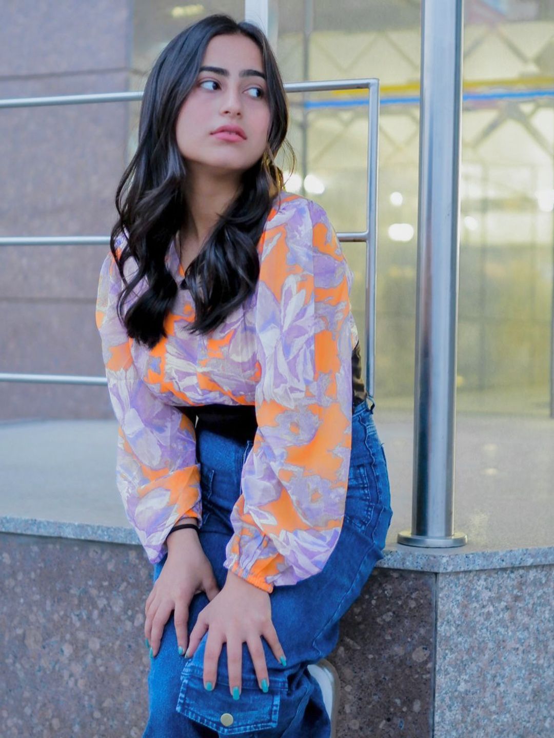 SASSAFRAS Orange & Purple Floral Print Georgette Crop Top