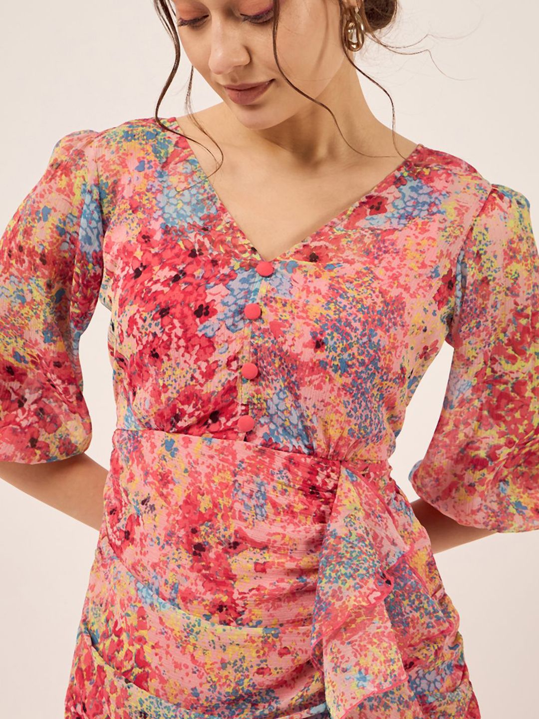 Antheaa Peach Floral Print V-Neck Puff Sleeve Layered Chiffon Wrap Dress