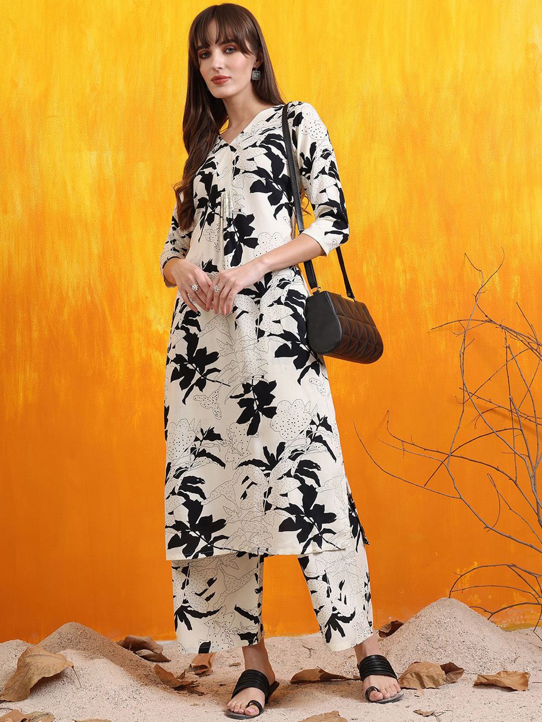 KALINI Floral Printed Straight Kurta with Palazzos