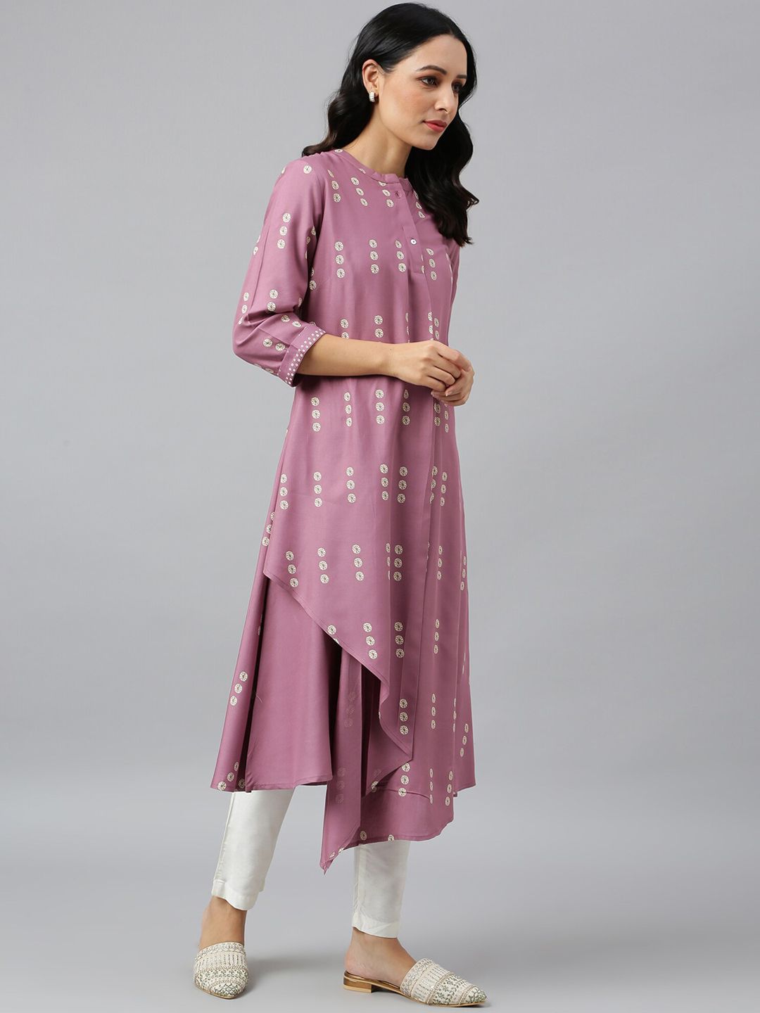 W Women Purple Quirky Printed Asymmetric Kurta