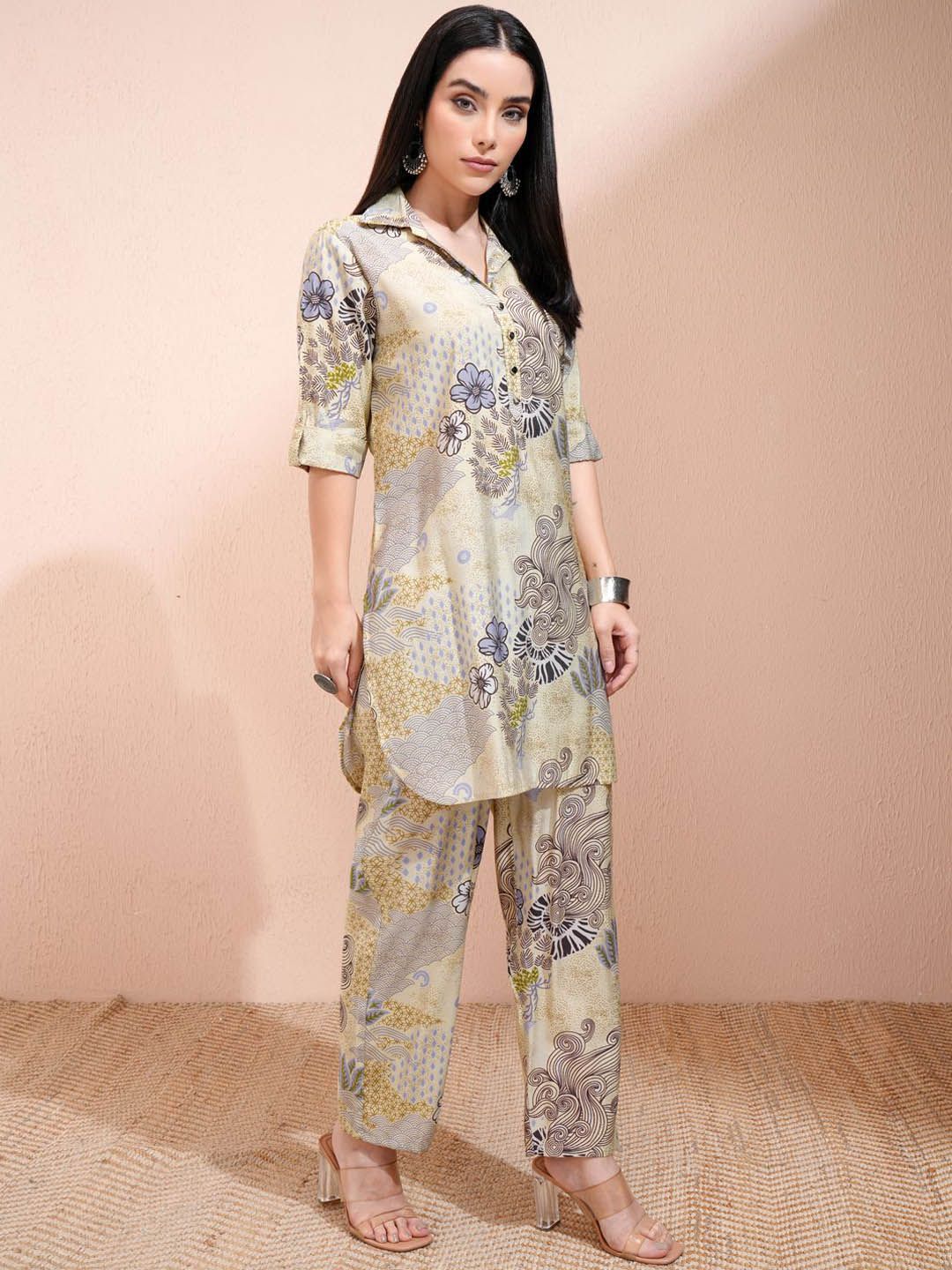 Vishudh Yellow Floral Printed Shirt Collar Three-Quarter Sleeves Top With Trouser