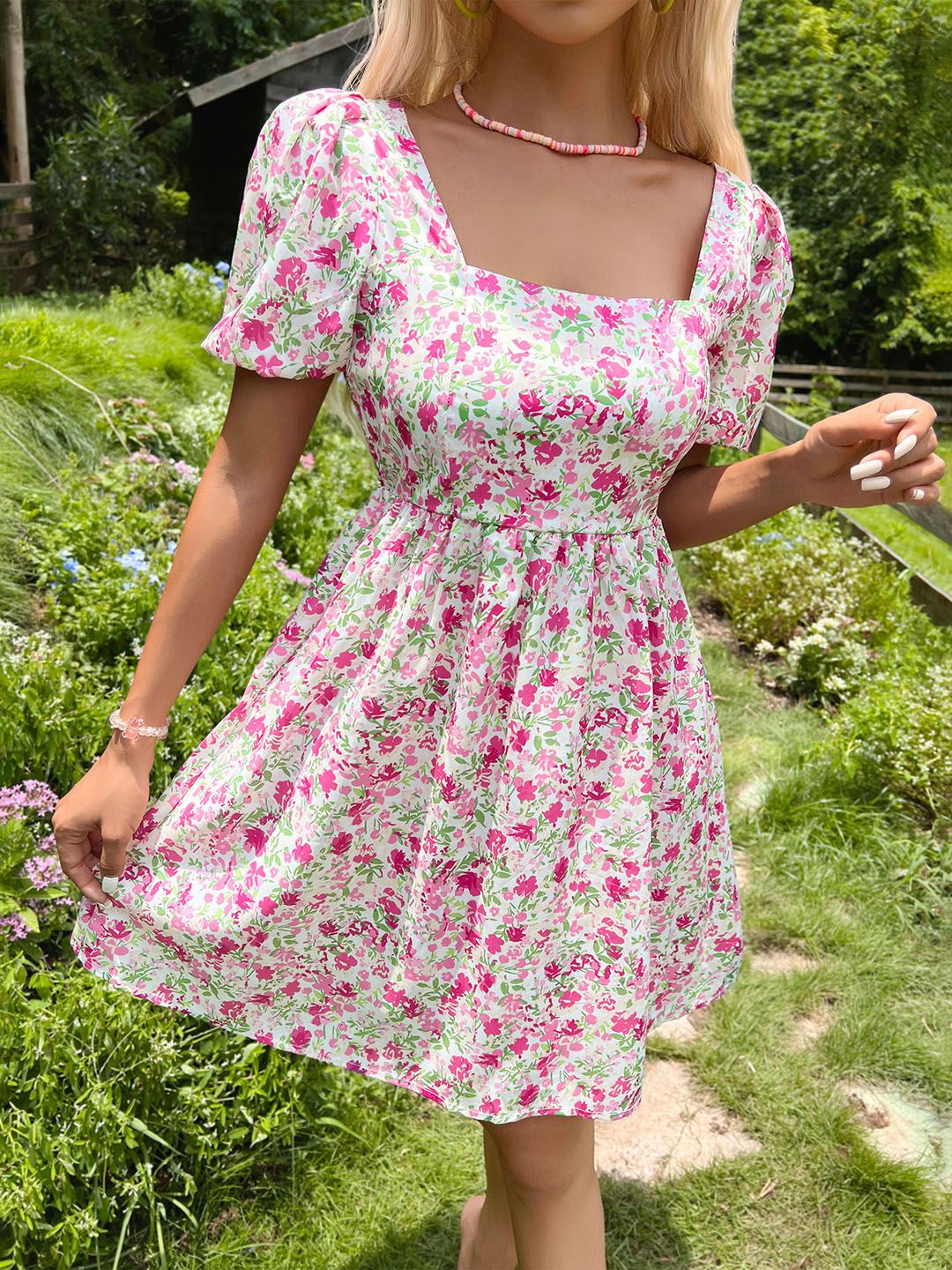 DressBerry Floral Print Smocked A-Line Dress