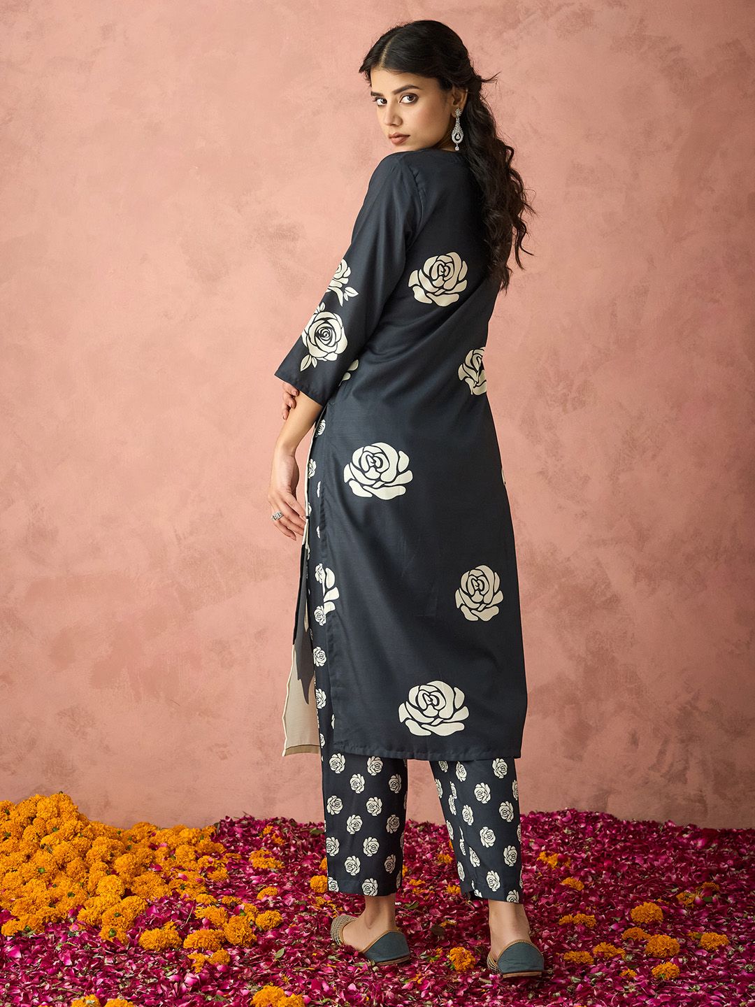 KALINI Floral Printed Regular Straight Kurta with Trousers