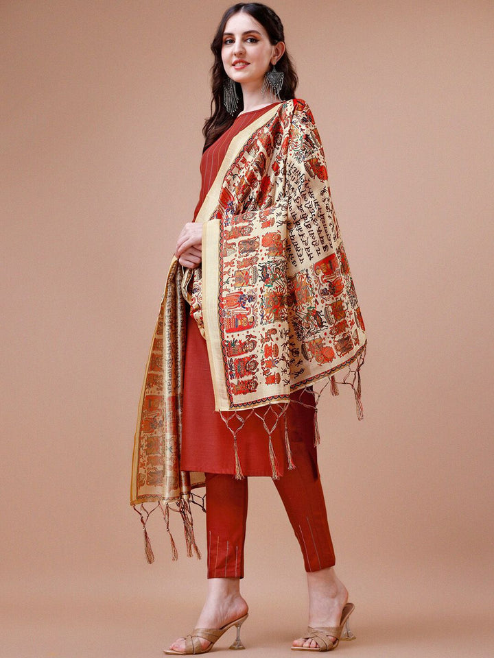 KALINI Striped Embroidered Boat Neck Straight Kurta With Trousers & Dupatta
