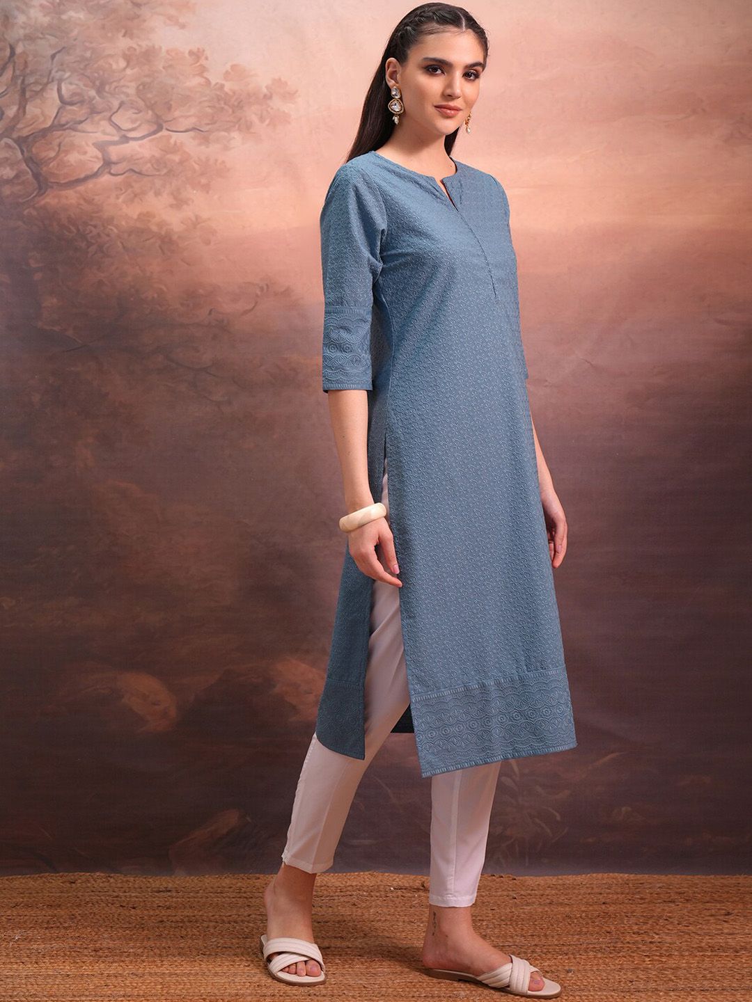 Vishudh Blue Floral Embroidered Notched Neck Straight Kurta