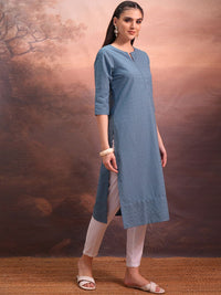 Vishudh Blue Floral Embroidered Notched Neck Straight Kurta