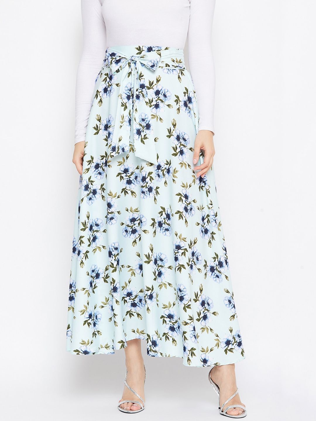 Berrylush Green & Blue Printed Flared Maxi Skirt