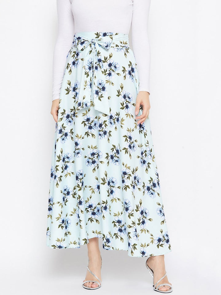 Berrylush Green & Blue Printed Flared Maxi Skirt
