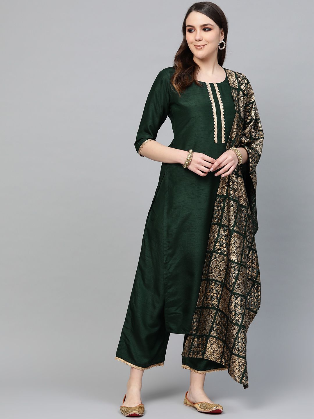 Libas Hunter Green Gotta Chanderi Kurta Set with Festive Traditional Stole