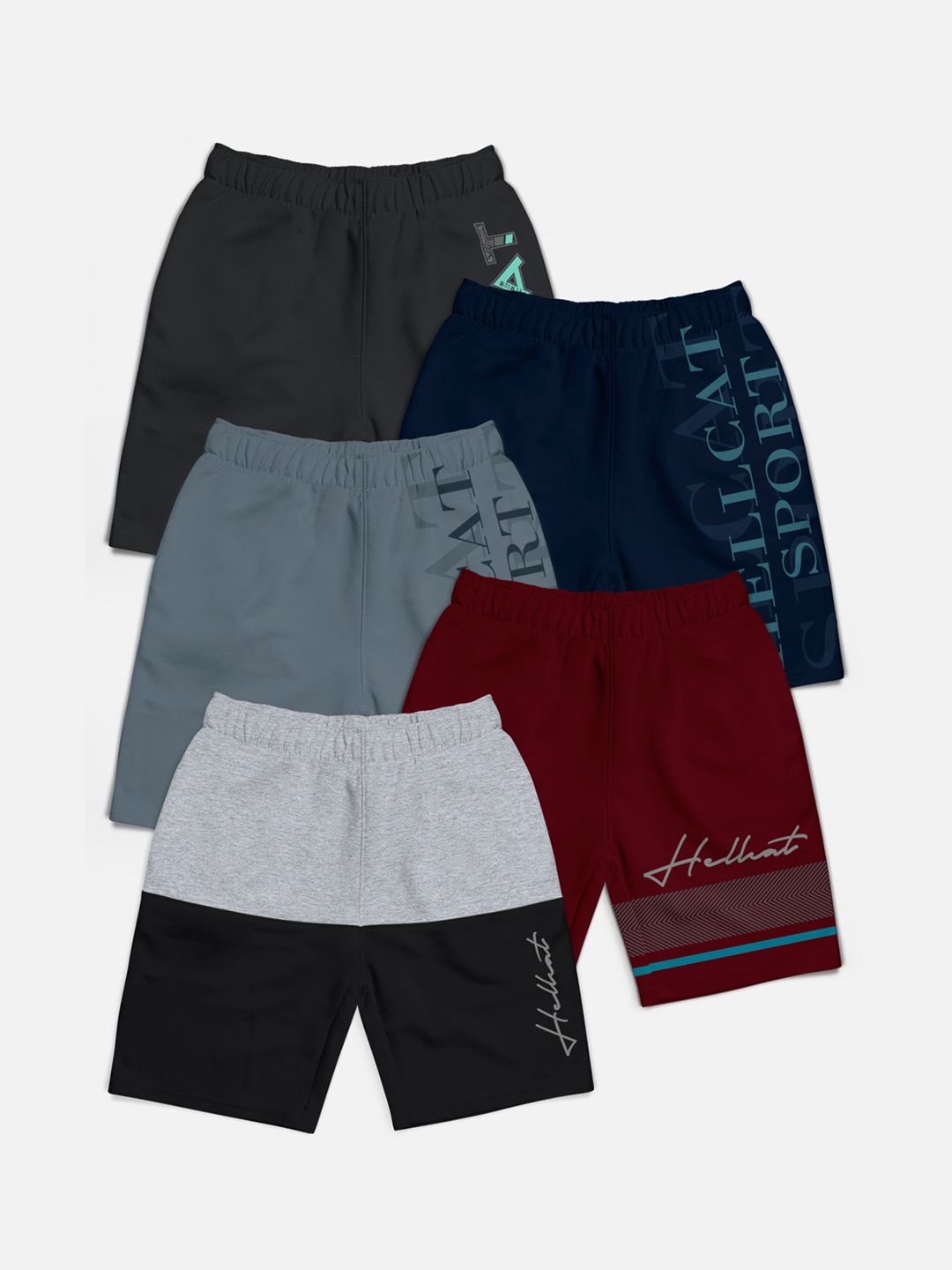 HELLCAT Boys Pack Of 5 Typography Printed Regular Shorts