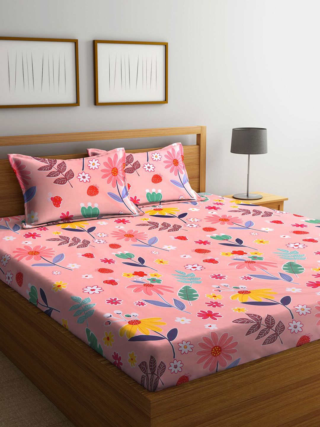 Set 300 TC Bercetak Bunga Biru & Merah Jambu 2 Cadar King dengan 4 Sarung Bantal