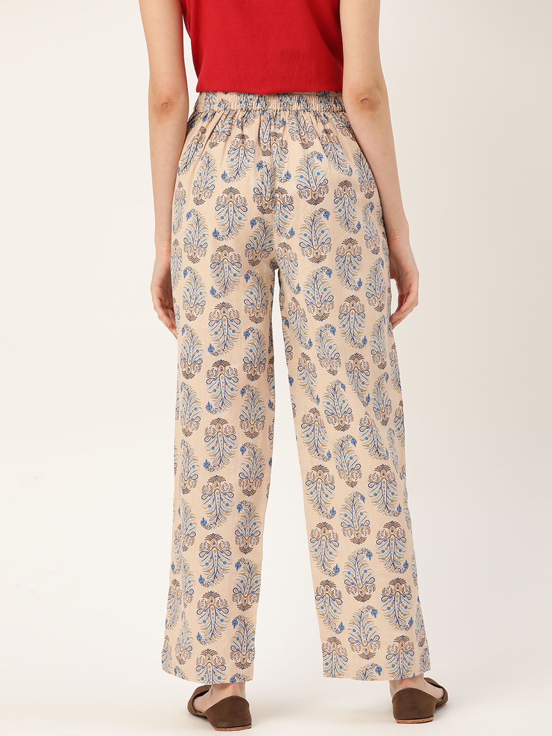 Shae by SASSAFRAS Women Beige & Blue Loose Fit Printed Regular Trousers