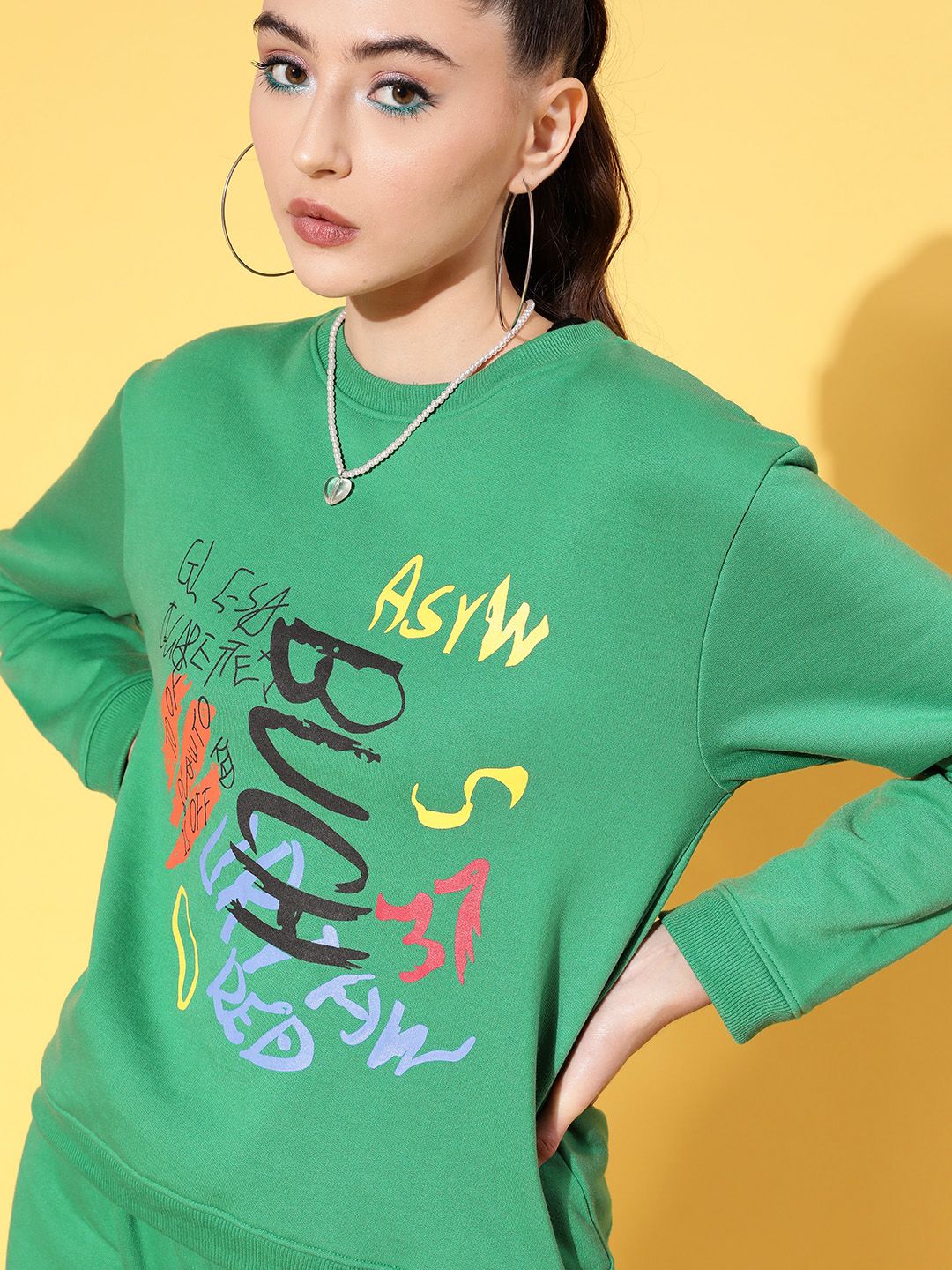 SASSAFRAS Women Green & Black Printed Sweatshirts and Joggers