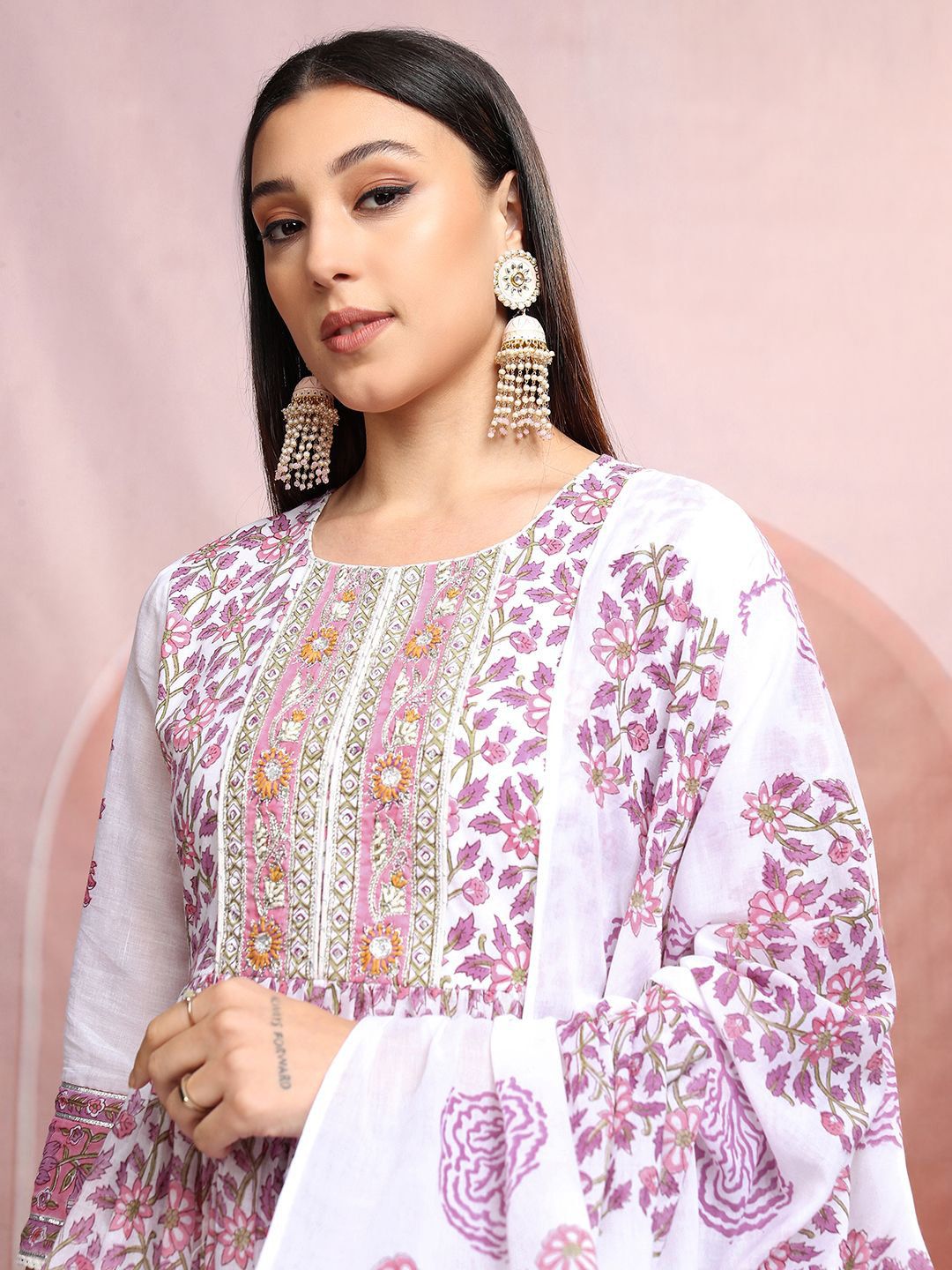 Vishudh White Floral Printed Pure Cotton Anarkali Kurta With Trousers & Dupatta
