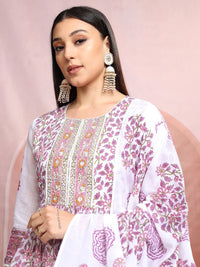 Vishudh White Floral Printed Pure Cotton Anarkali Kurta With Trousers & Dupatta