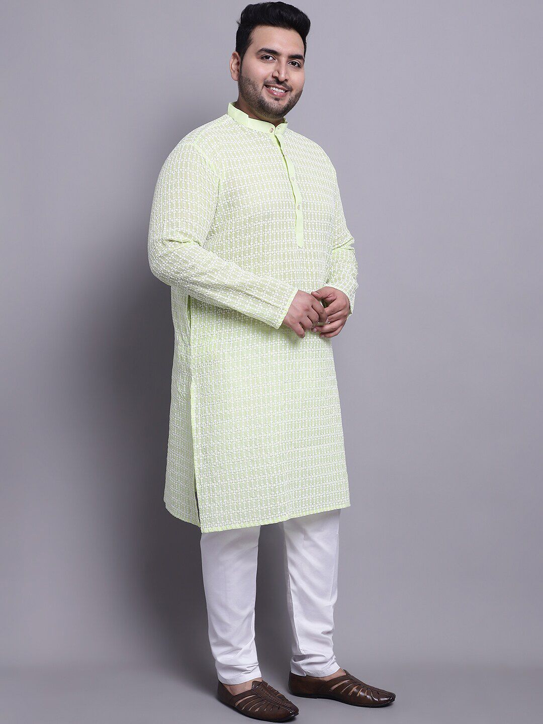 SOJANYA PLUS Etnik Sulam Kurta Kapas Tulen Lurus & Piyama Dengan Jaket Nehru