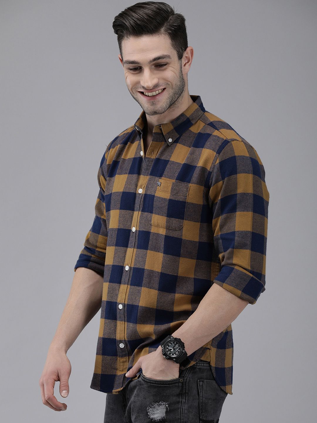 THE BEAR HOUSE Men Mustard Yellow Slim Fit Checked Flannel Pure Cotton Casual Shirt