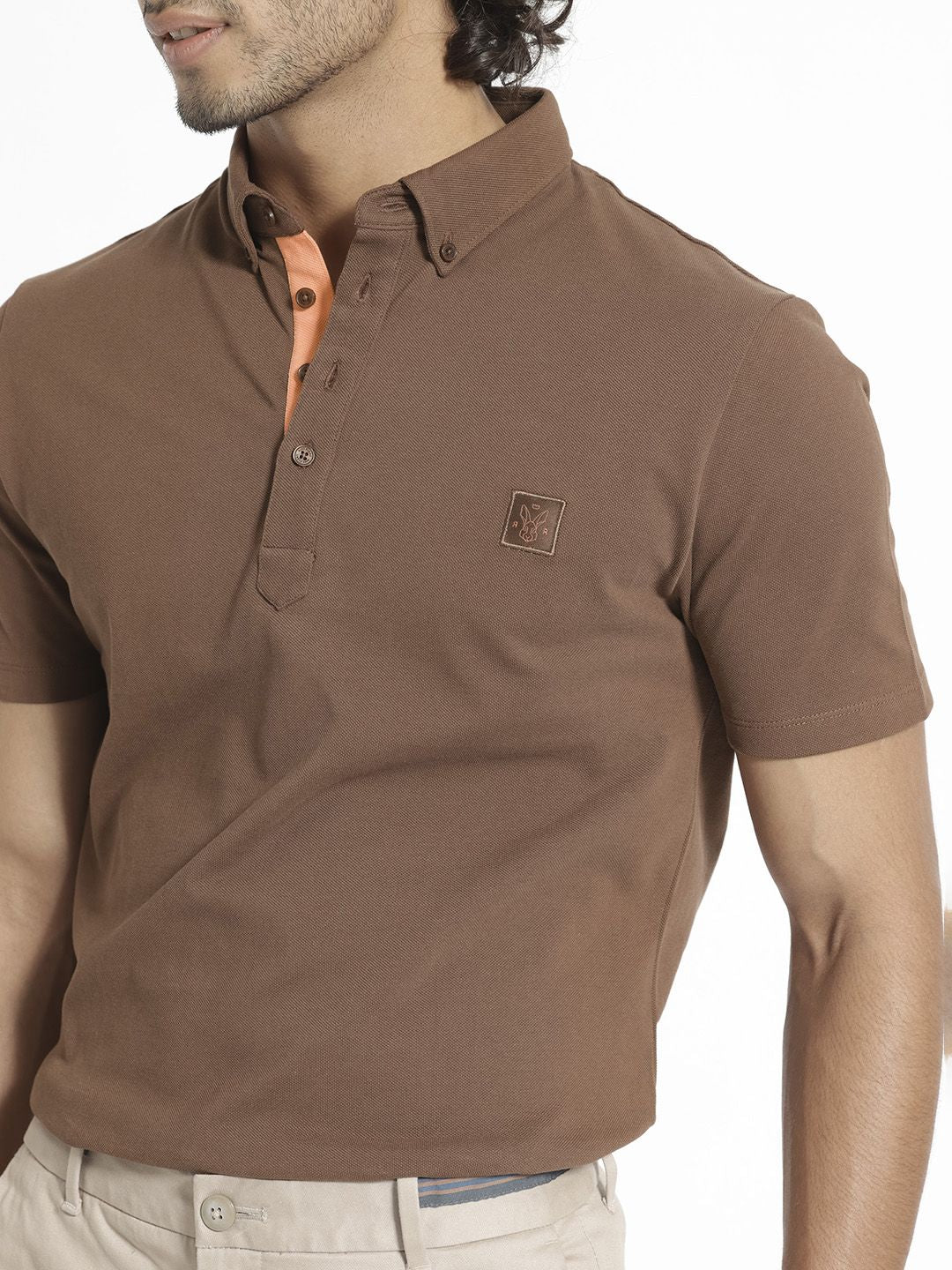 RARE RABBIT Men Herval Button Down Collar Slim Fit Cotton T-Shirt