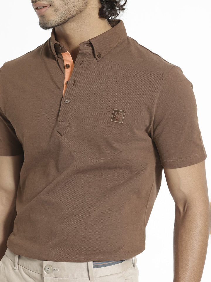 RARE RABBIT Men Herval Button Down Collar Slim Fit Cotton T-Shirt