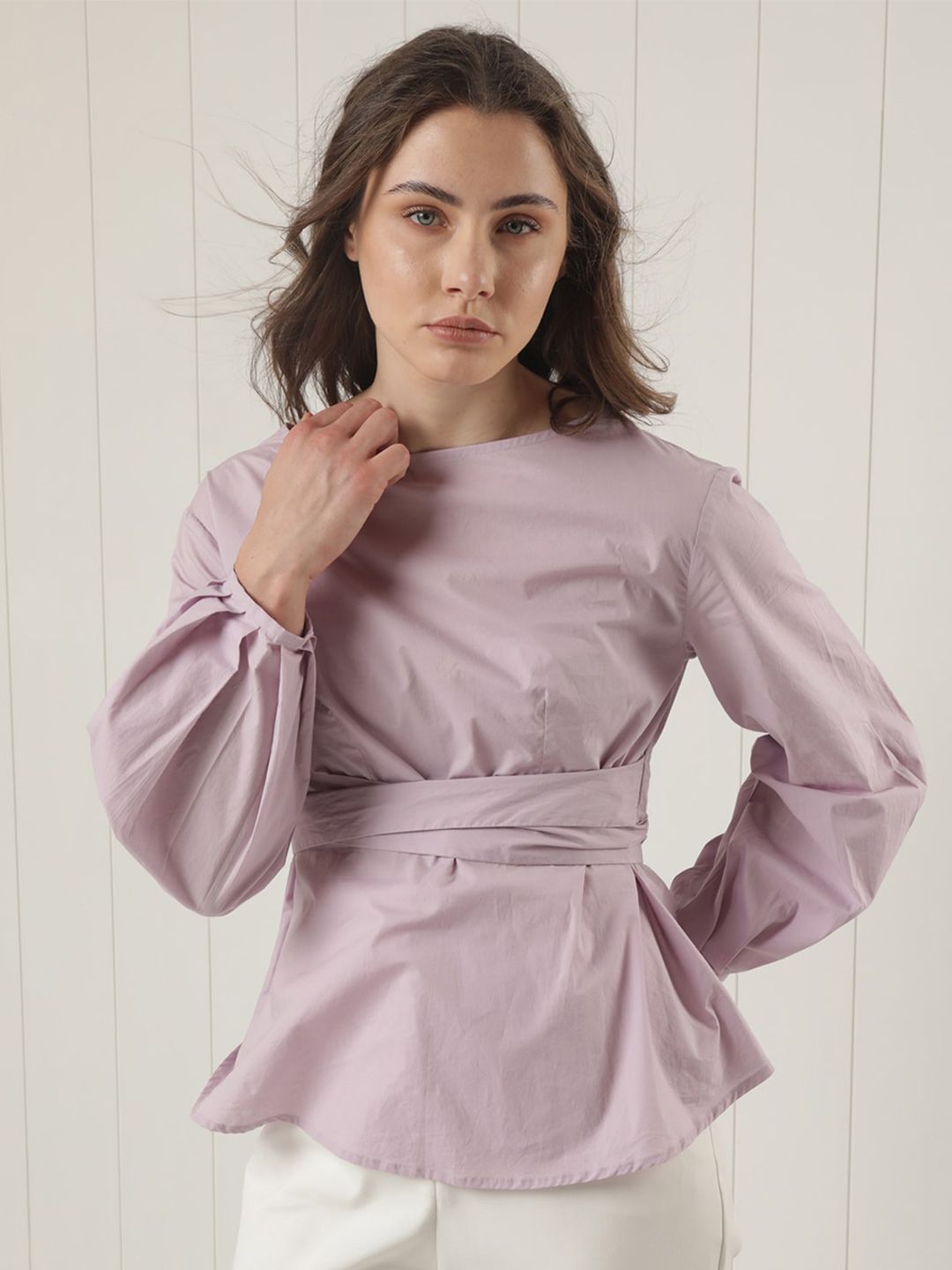 RAREISM Boat Neck Puff Sleeves Cotton Cinched Waist Top