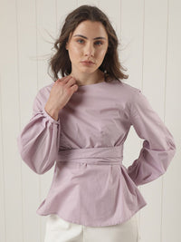 RAREISM Boat Neck Puff Sleeves Cotton Cinched Waist Top